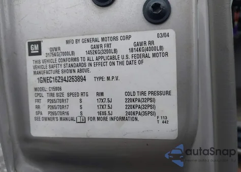 2004 Chevrolet Suburban 1500 Ls z USA, uszkodzony, nr VIN 1GNEC16Z94J263894